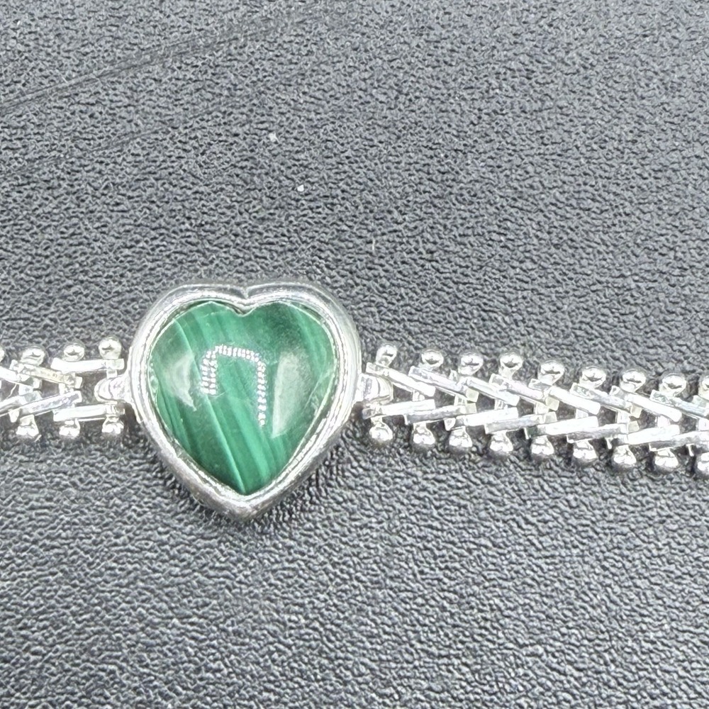 925 Sterling Silver Malachite Heart Link Chain Bracelet 8" Green Stone VTG - Picture 5 of 9